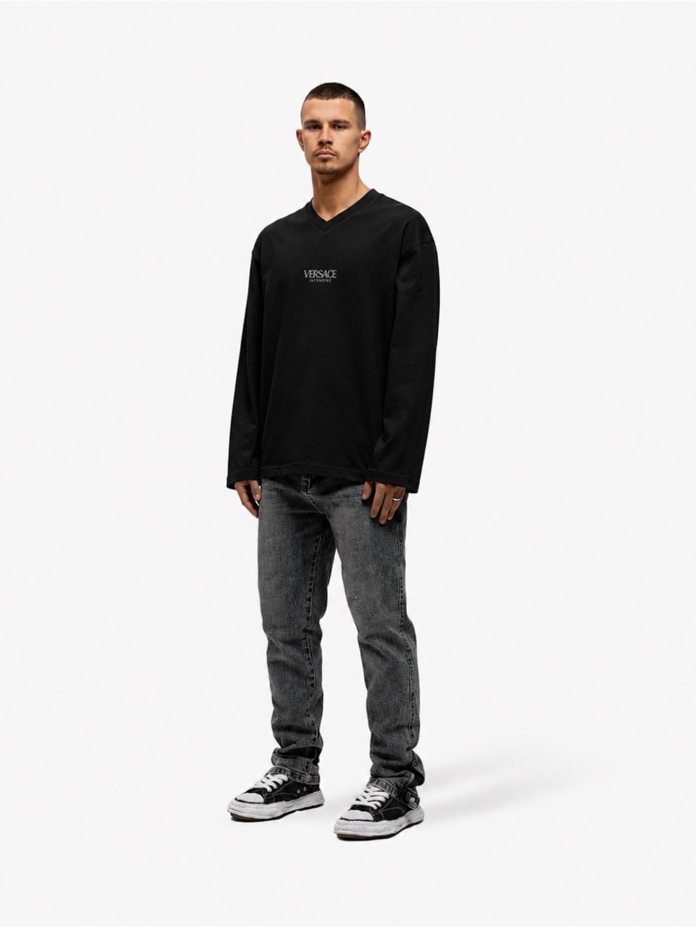 Versace Intensive Black Long Sleeve Tee | Minimal Logo | Relaxed Fit Size M